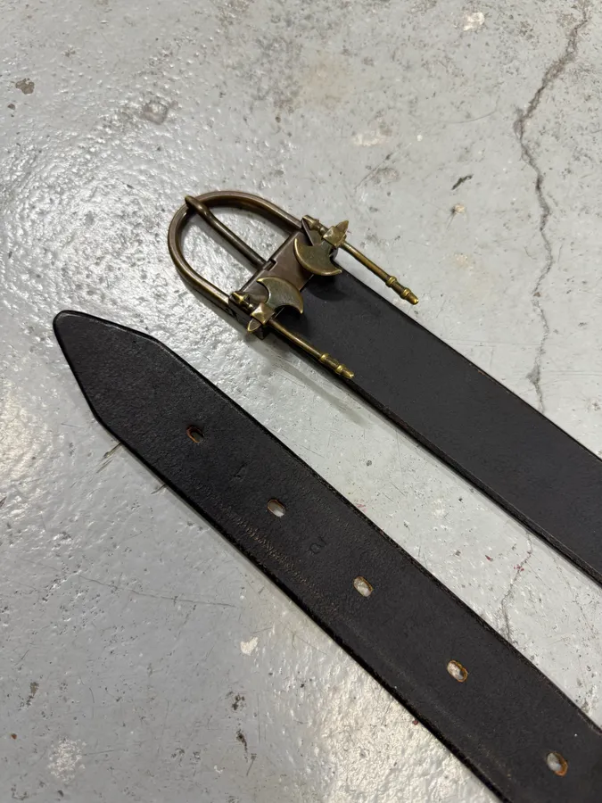 2000s Jean Paul Gaultier Axes Metal Buckle Black Leather Belt - Image 4