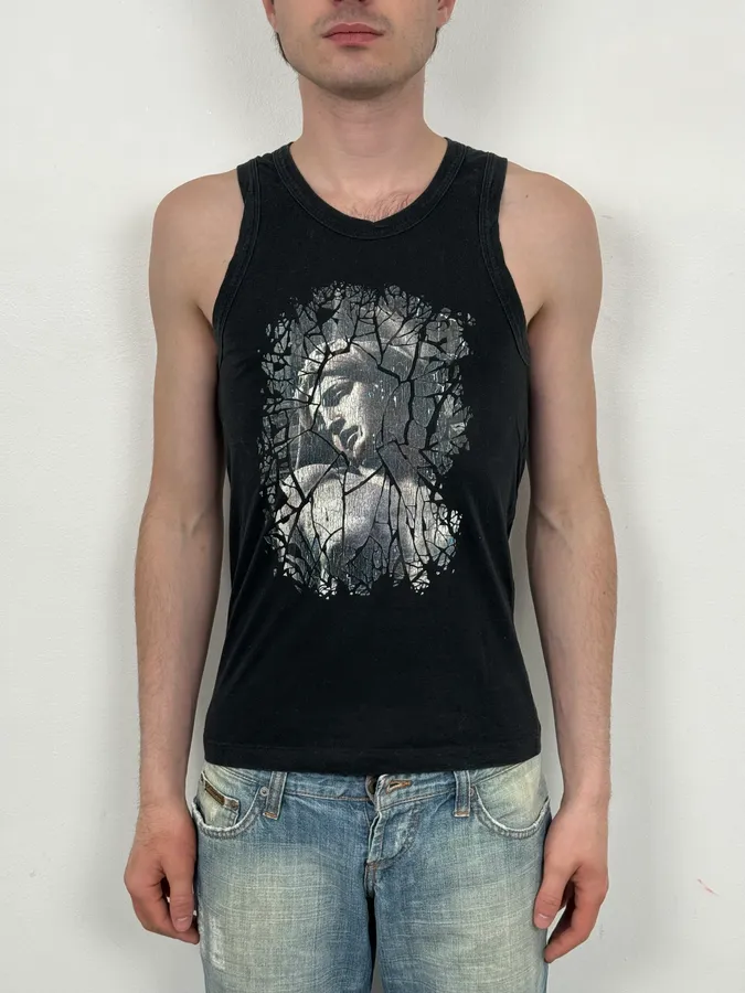 2000s Jean Paul Gaultier Black Destructured Face Tank Top - Image 2