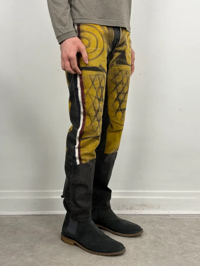 2000s Jean Paul Gaultier Black Yellow Trompe LOeil Jeans - Image 3