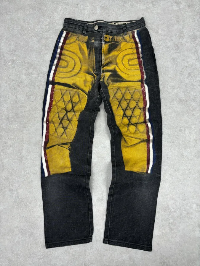 2000s Jean Paul Gaultier Black Yellow Trompe LOeil Jeans - Image 4