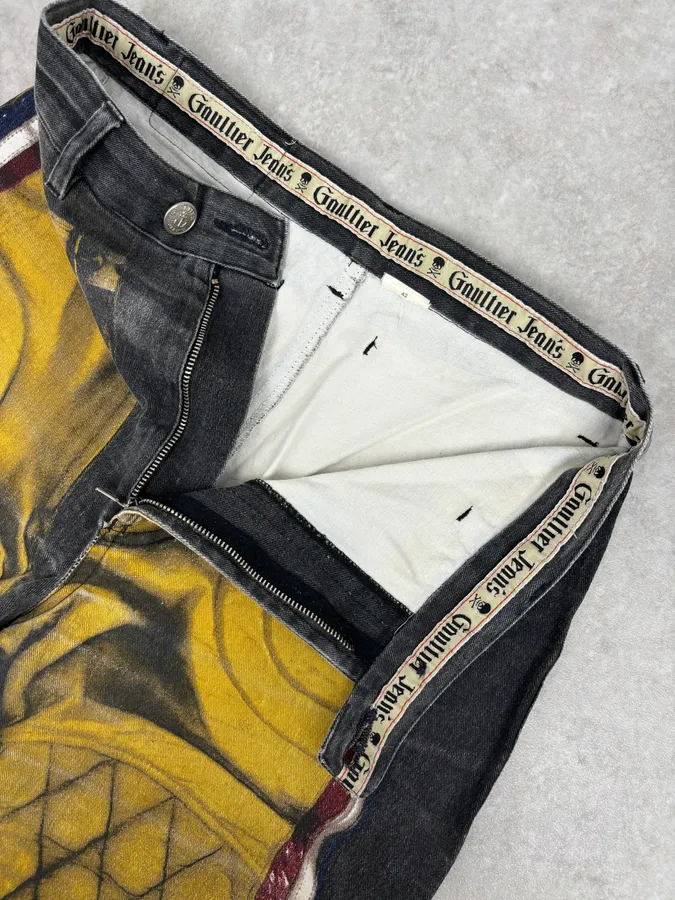 2000s Jean Paul Gaultier Black Yellow Trompe LOeil Jeans - Image 9