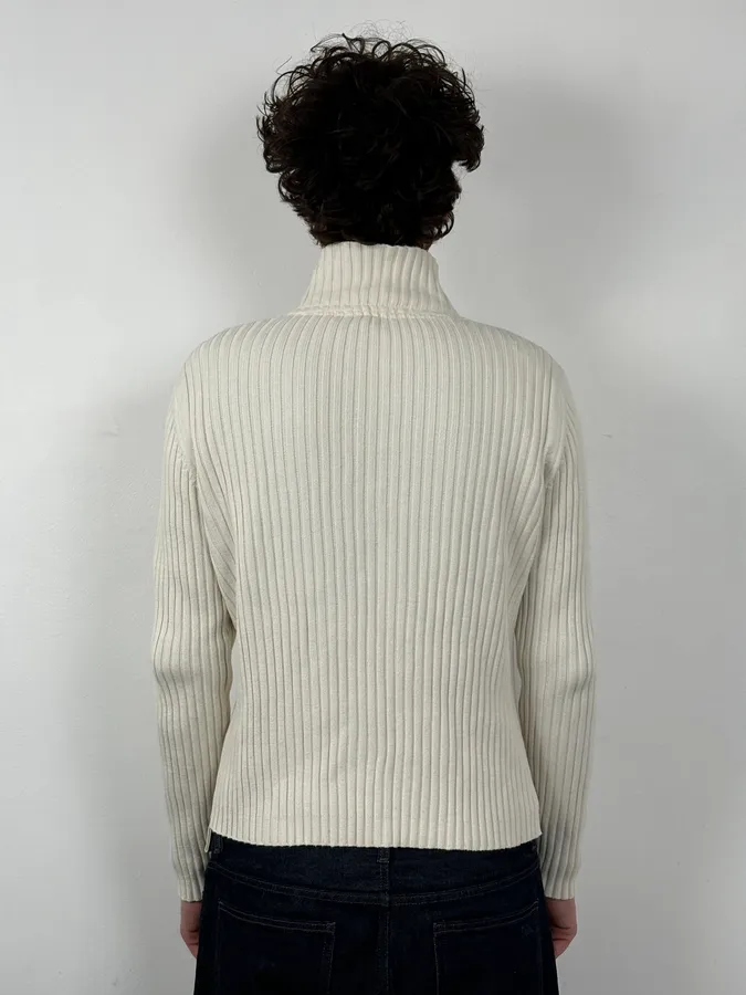 2000s Jean Paul Gaultier Cream Cotton Ribbed Zip-up Sweater - Image 2