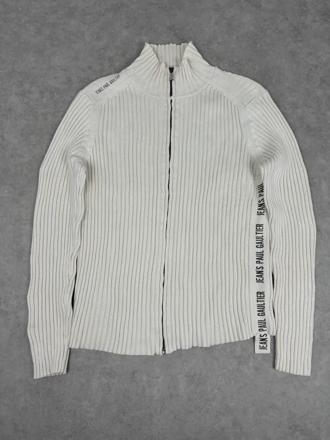 2000s Jean Paul Gaultier Cream Cotton Ribbed Zip-up Sweater - Image 3