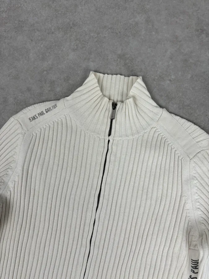 2000s Jean Paul Gaultier Cream Cotton Ribbed Zip-up Sweater - Image 5