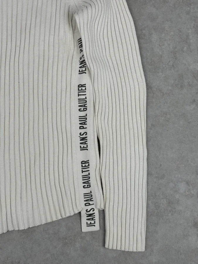 2000s Jean Paul Gaultier Cream Cotton Ribbed Zip-up Sweater - Image 8