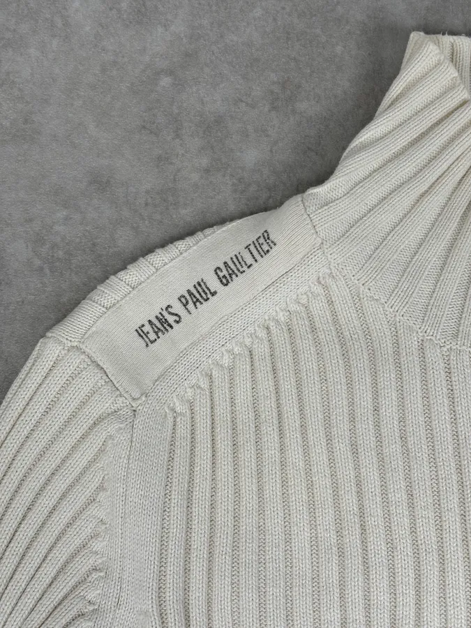 2000s Jean Paul Gaultier Cream Cotton Ribbed Zip-up Sweater - Image 9