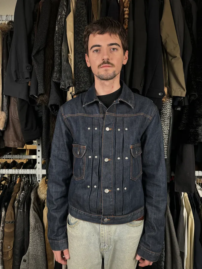 2000s Jean Paul Gaultier Navy Brut Denim Elastic Jacket - Image 2