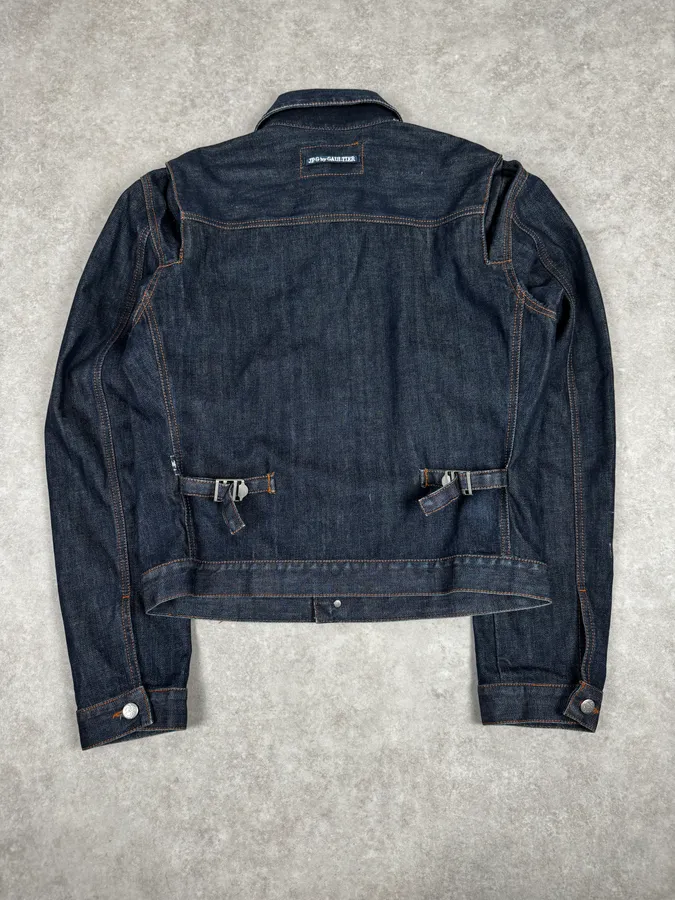 2000s Jean Paul Gaultier Navy Brut Denim Elastic Jacket - Image 4