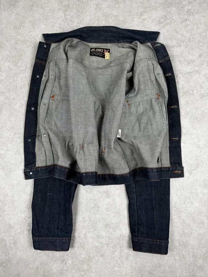 2000s Jean Paul Gaultier Navy Brut Denim Elastic Jacket - Image 7