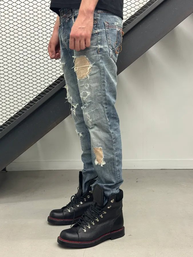 2000s John Galliano Distressed Blue Denim Jeans - Image 2