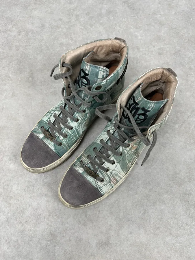 2000s John Galliano Mint Newspaper Print High-Top Sneakers - Image 6