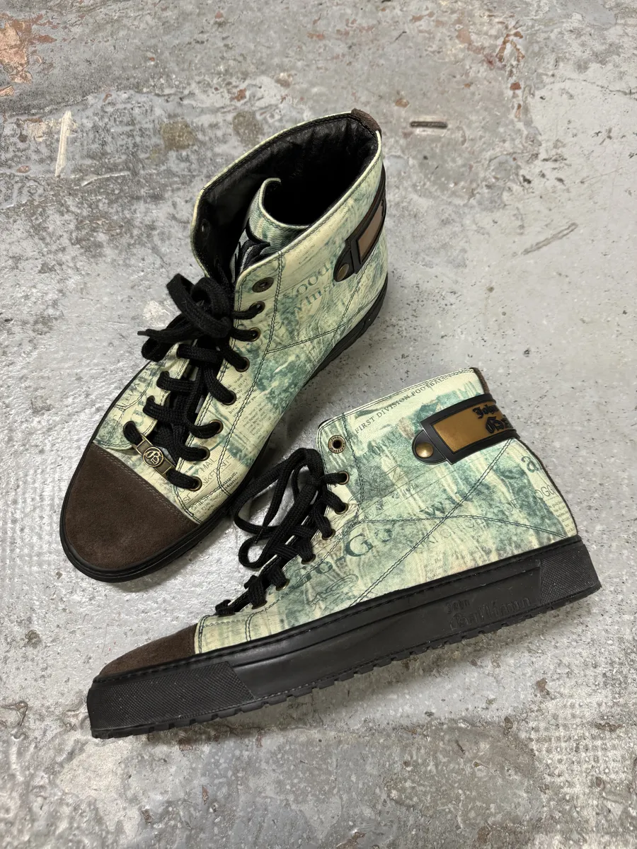 2000s John Galliano Newspapers Blue High Top Sneakers - Image 9