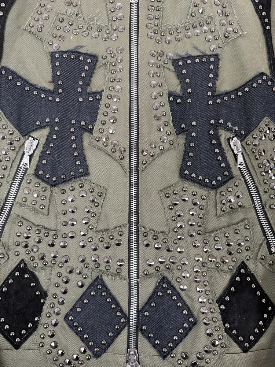 2000s John Richmond Olive Green Studded Embellished Cross Jacket - Image 10