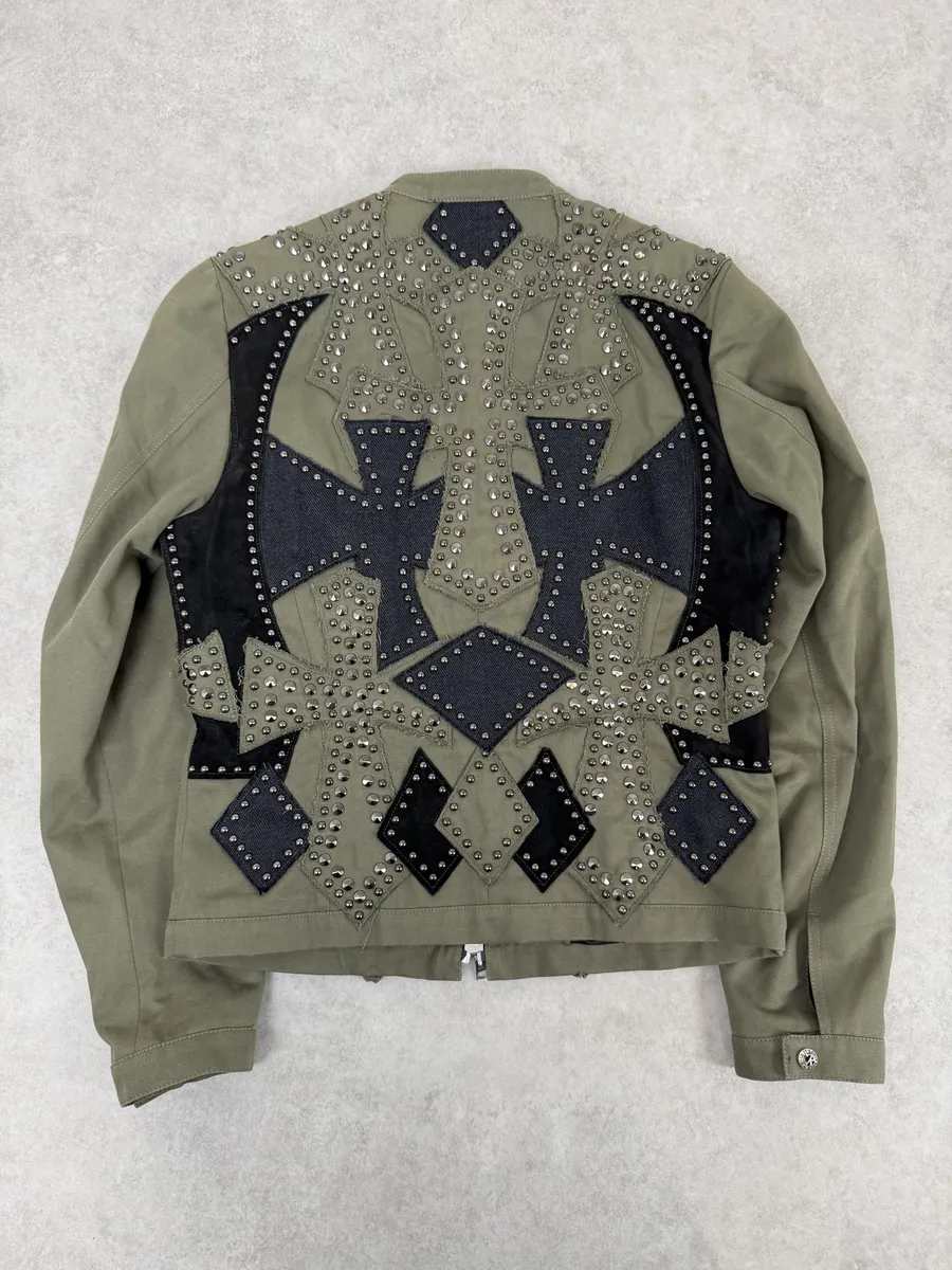 2000s John Richmond Olive Green Studded Embellished Cross Jacket - Image 4
