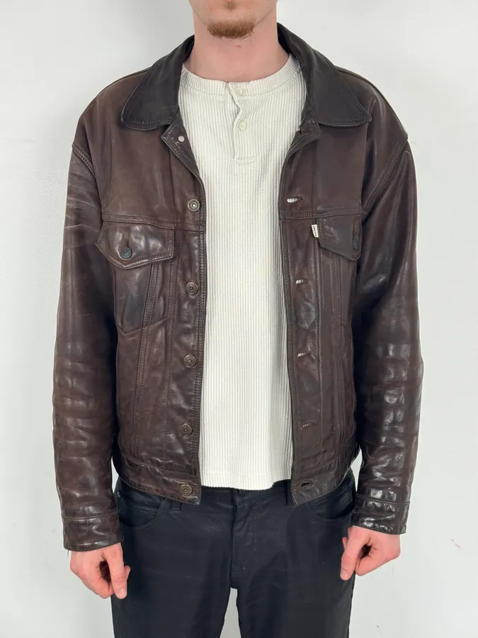 2000s Levis Brown Leather Multi-Pocket Leather Jacket - Image 2