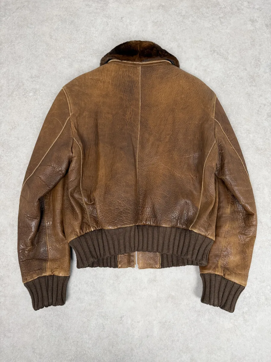2000s Loewe Brown Eroded Grained Premium Leather Bomber Jacket - Image 3