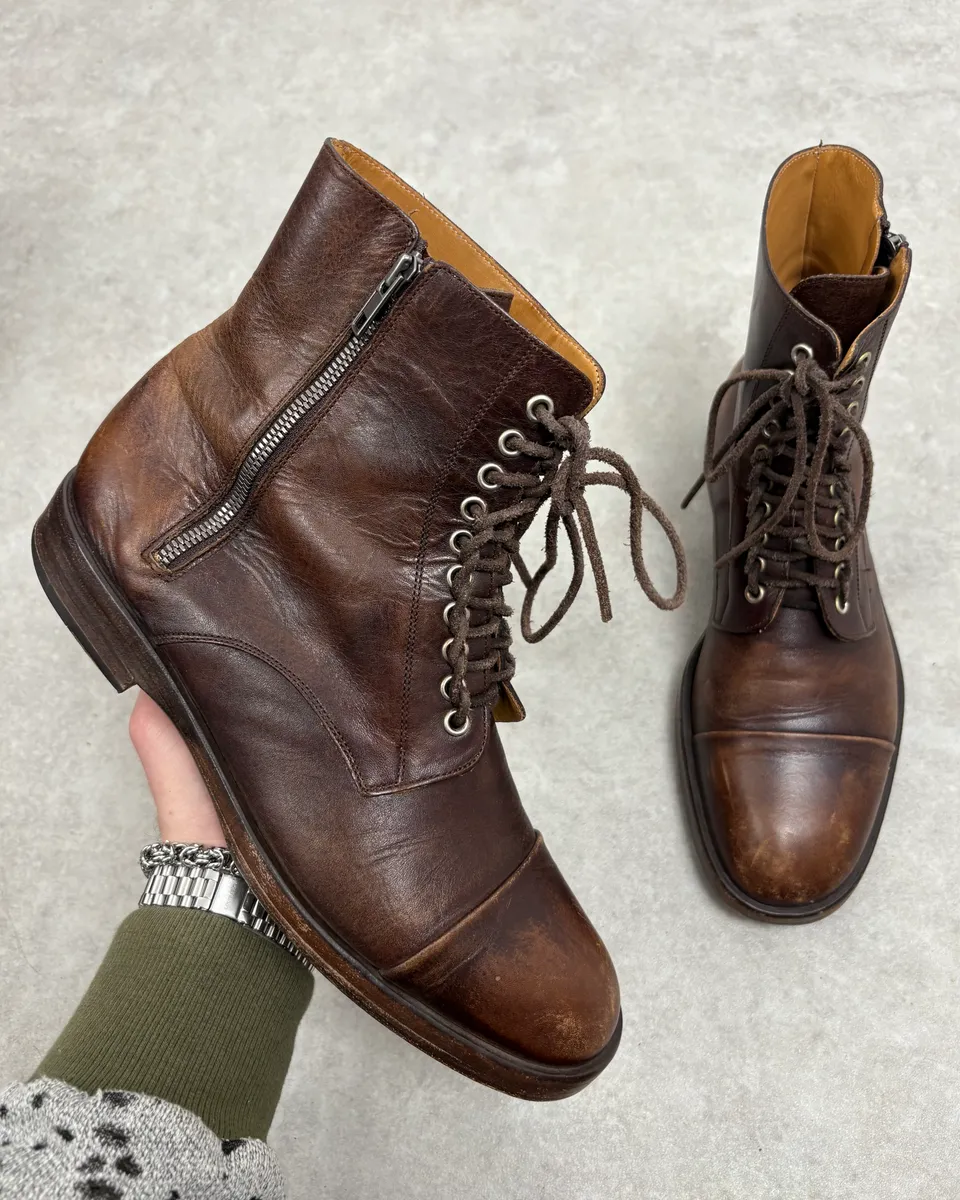 2000s Maison Margiela Brown Eroded Combat Leather Boots