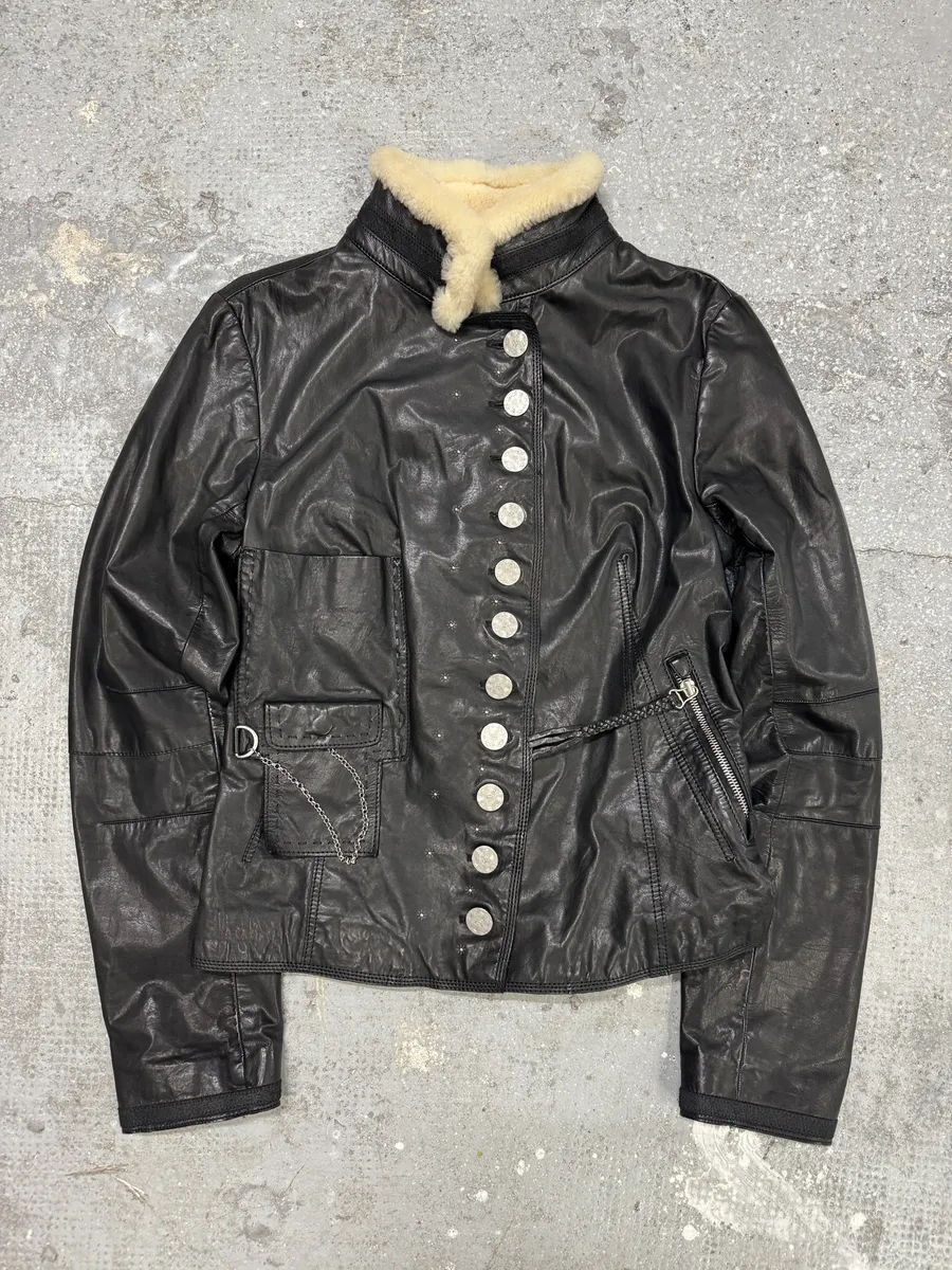 2000s Marithé + François girbaud Asymmetrical Buttoned Leather Black Jacket - Image 3