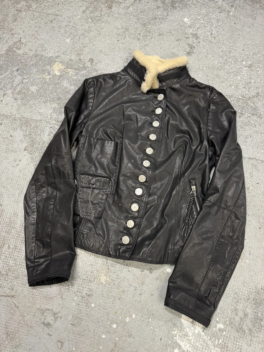 2000s Marithé + François girbaud Asymmetrical Buttoned Leather Black Jacket - Image 9