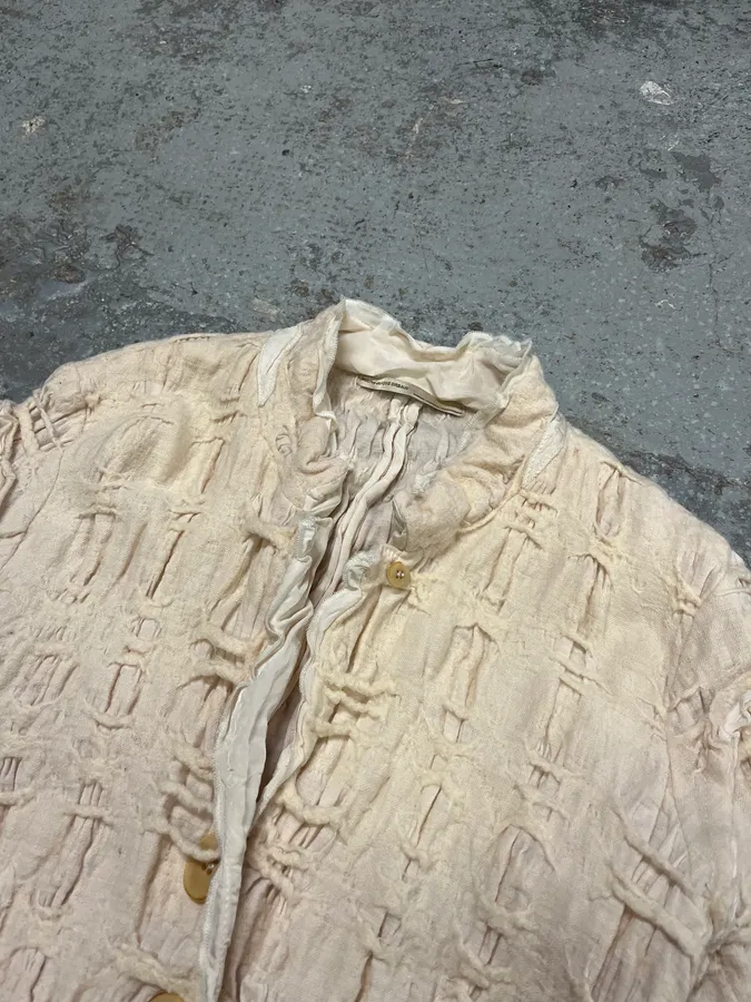 2000s Marithé + François Girbaud Beige Distressed Wool Buttoned Cardigan Blazer - Image 3