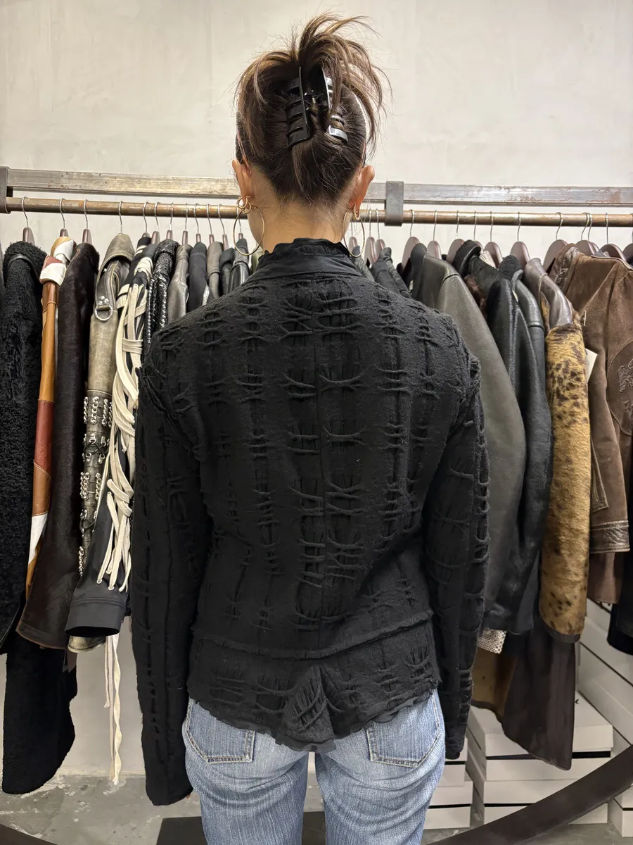 2000s Marithé + François Girbaud Black Distressed Wool Buttoned Cardigan Blazer - Image 4