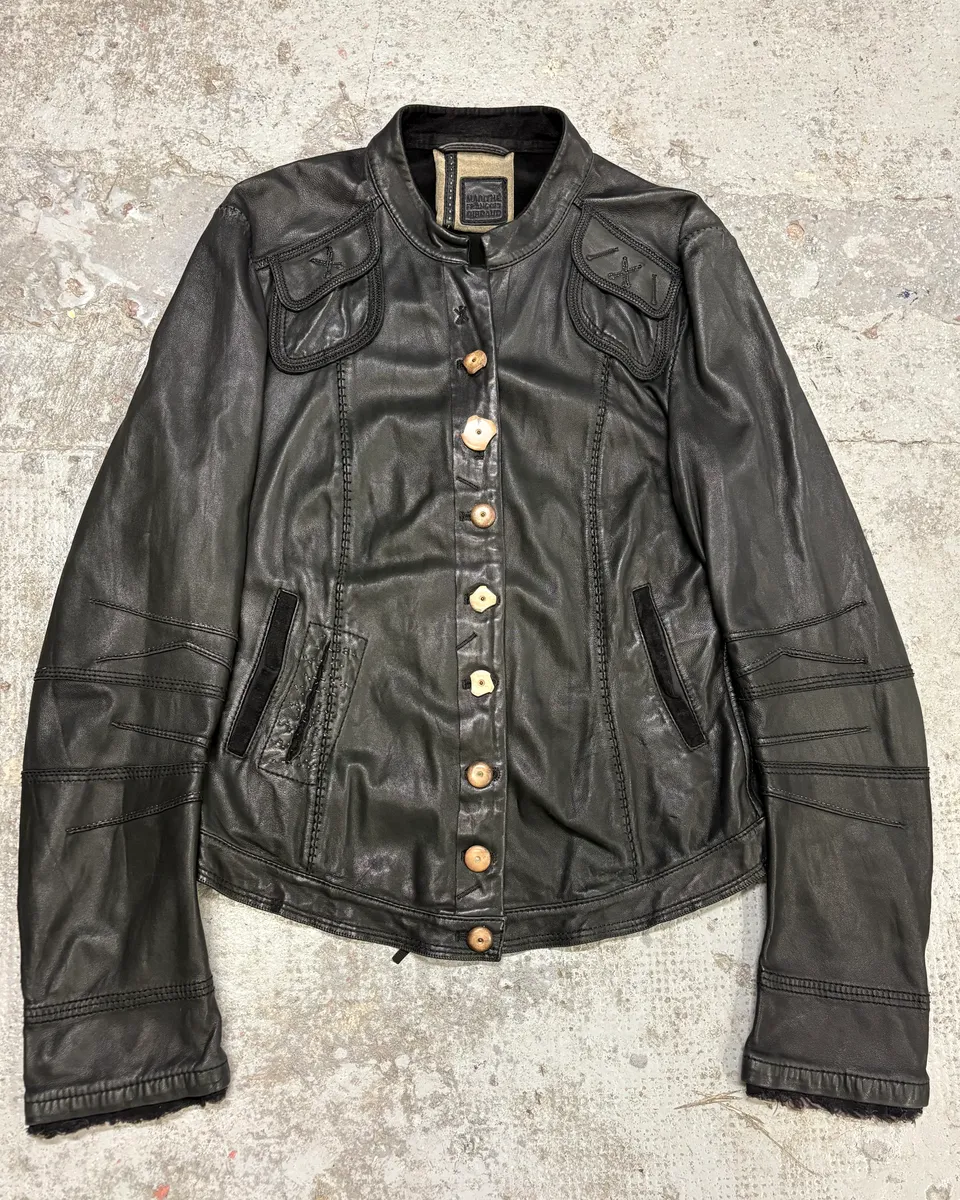 2000s Marithé + François Girbaud Black Leather Buttoned Samurai Jacket