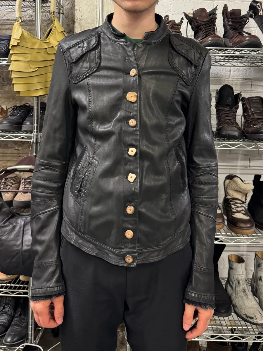 2000s Marithé + François Girbaud Black Leather Buttoned Samurai Jacket - Image 2