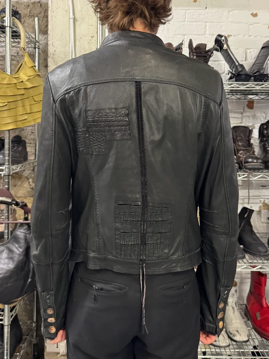 2000s Marithé + François Girbaud Black Leather Buttoned Samurai Jacket - Image 3