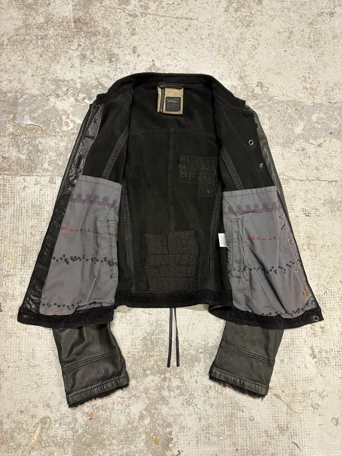 2000s Marithé + François Girbaud Black Leather Buttoned Samurai Jacket - Image 6