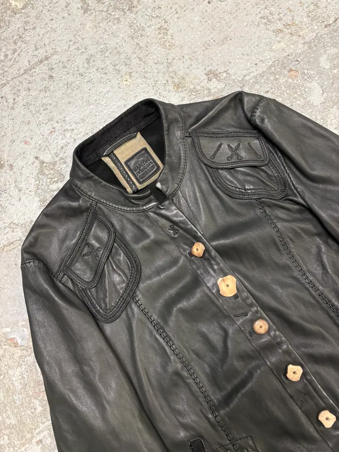 2000s Marithé + François Girbaud Black Leather Buttoned Samurai Jacket - Image 7