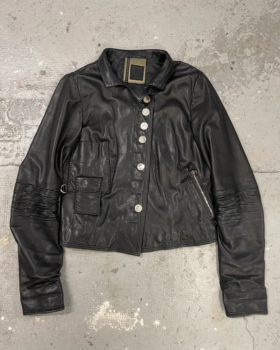 2000s Marithé + François Girbaud Black Shearling Buttoned Leather Jacket