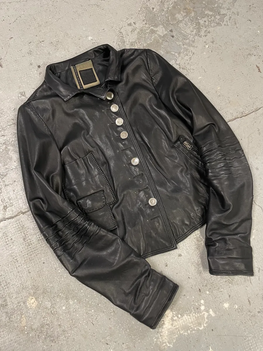 2000s Marithé + François Girbaud Black Shearling Buttoned Leather Jacket - Image 2