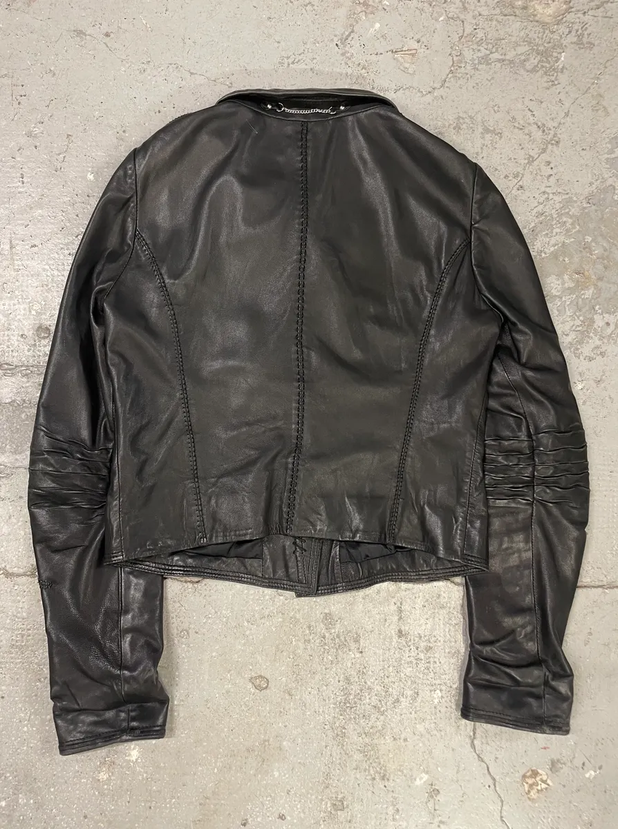 2000s Marithé + François Girbaud Black Shearling Buttoned Leather Jacket - Image 4