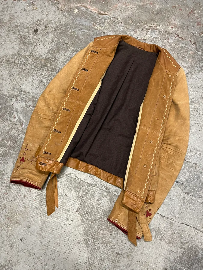 2000s Marithé + François Girbaud Beige Leather Buttoned Jacket - Image 3