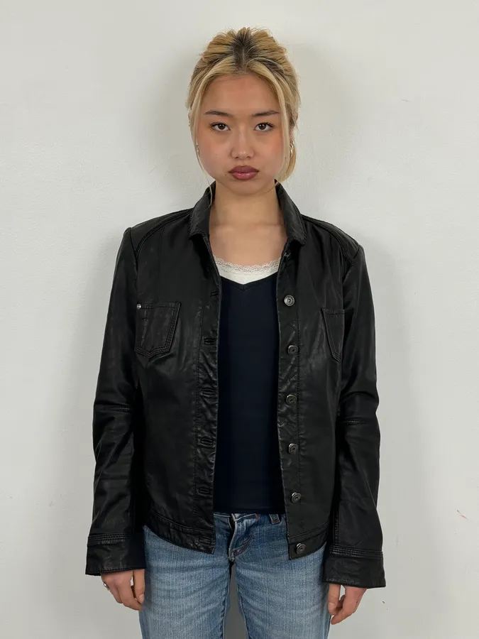 2000s Marithé + François Girbaud Black Buttoned Modern Leather Jacket - Image 2