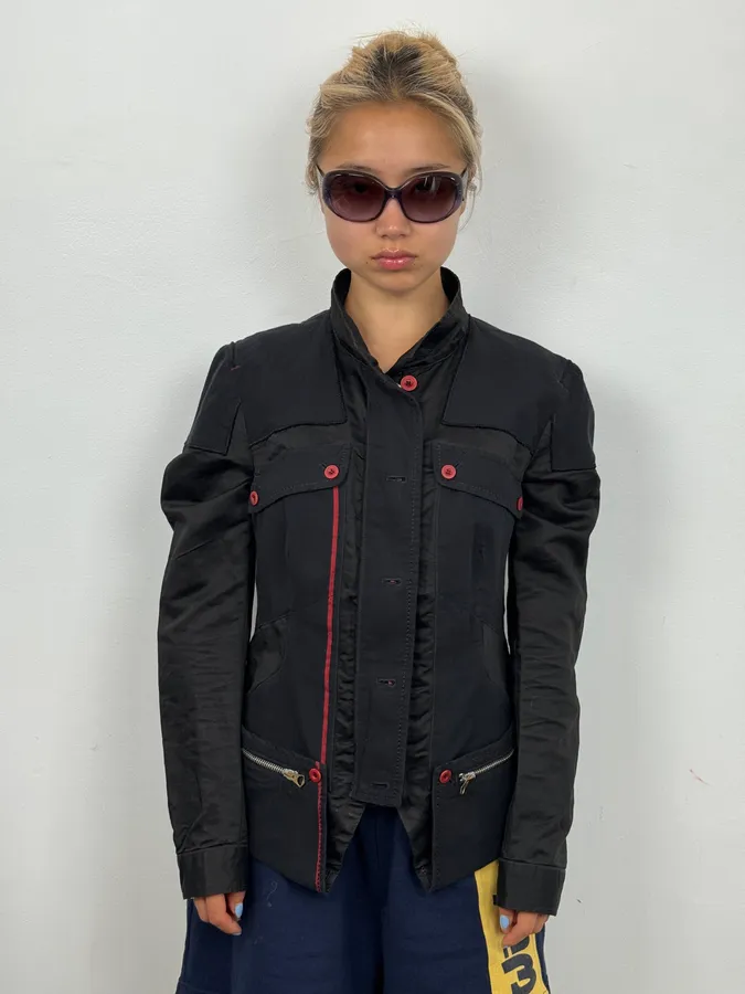 2000s Marithé + François Girbaud Black Irregular Red Buttoned Jacket - Image 2