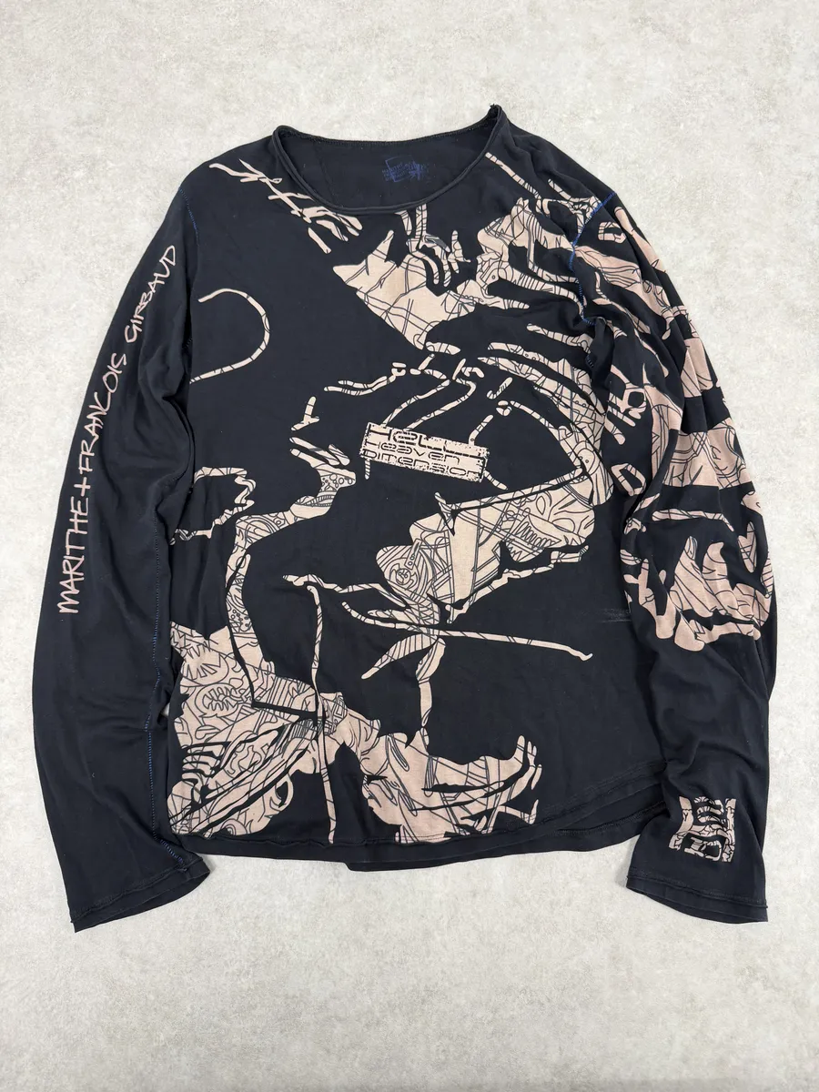 2000s Marithé + François Girbaud Black Tattooed Signature Abstract Longsleeves