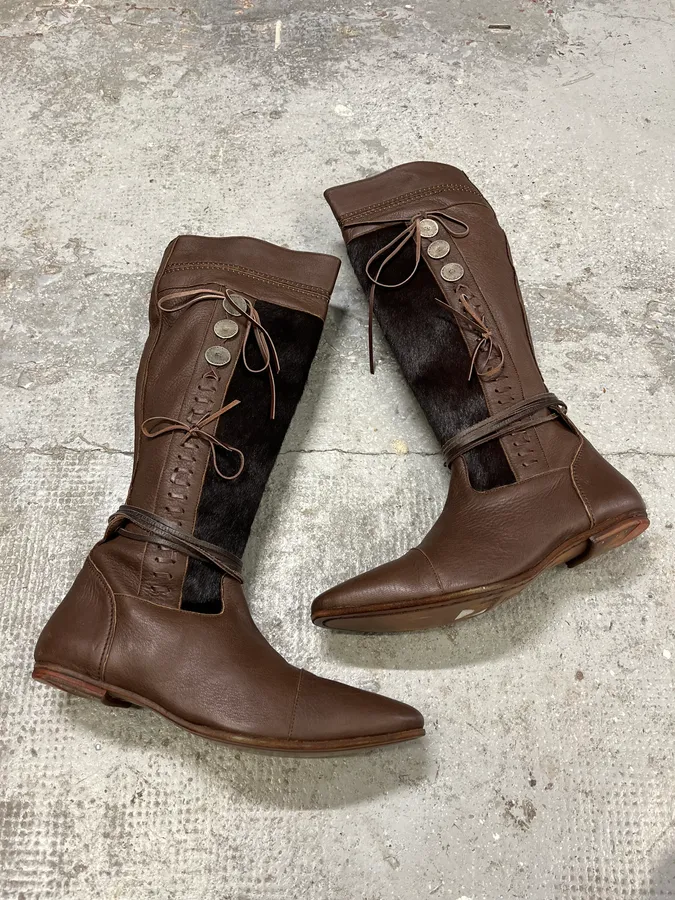 2000s Marithé + François Girbaud Brown Pony Hair Buttoned Leather Boots - Image 3