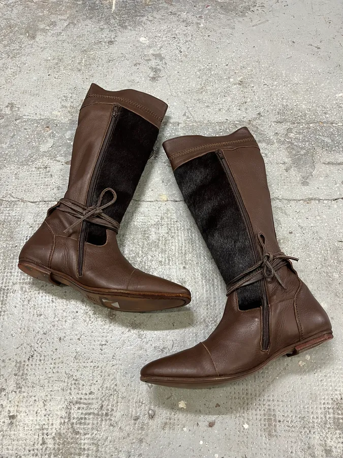 2000s Marithé + François Girbaud Brown Pony Hair Buttoned Leather Boots - Image 4