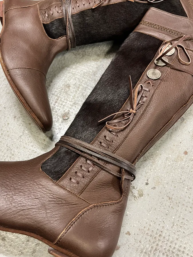 2000s Marithé + François Girbaud Brown Pony Hair Buttoned Leather Boots - Image 5