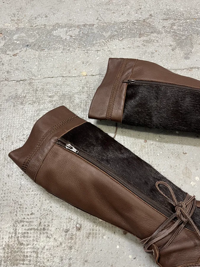2000s Marithé + François Girbaud Brown Pony Hair Buttoned Leather Boots - Image 6
