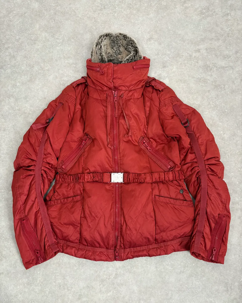 2000s Marithé + Francois Girbaud Fur Collar Bondage Red Puffer Jacket