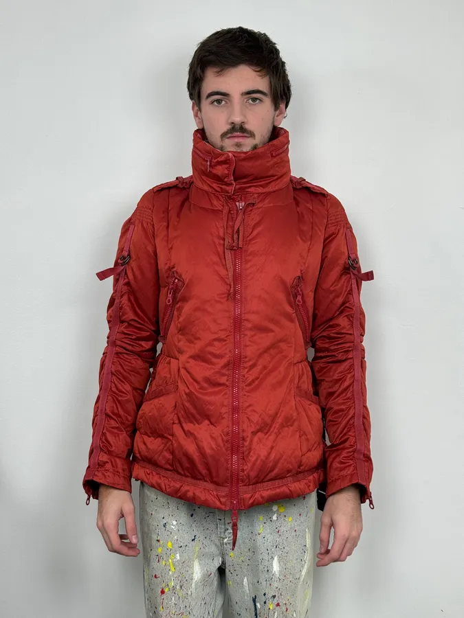 2000s Marithé + Francois Girbaud Fur Collar Bondage Red Puffer Jacket - Image 2