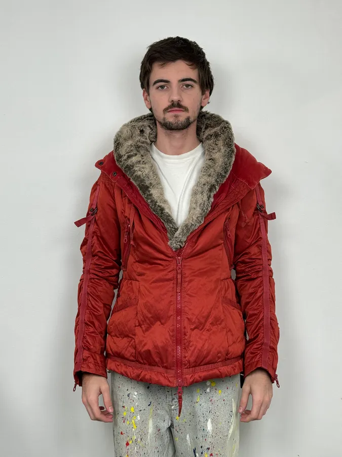2000s Marithé + Francois Girbaud Fur Collar Bondage Red Puffer Jacket - Image 3