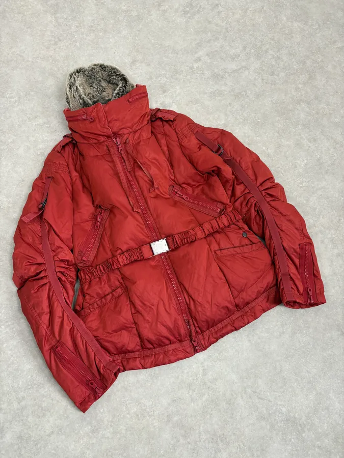 2000s Marithé + Francois Girbaud Fur Collar Bondage Red Puffer Jacket - Image 5