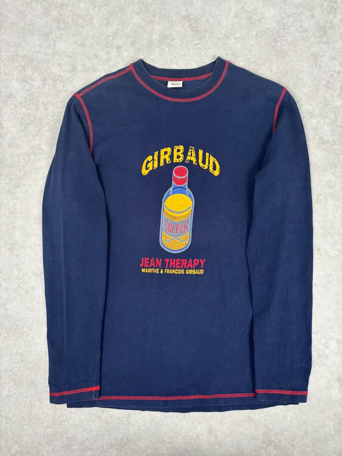 2000s Marithé + François Girbaud Navy Longsleeve Bottle Print T-Shirt - Image 4
