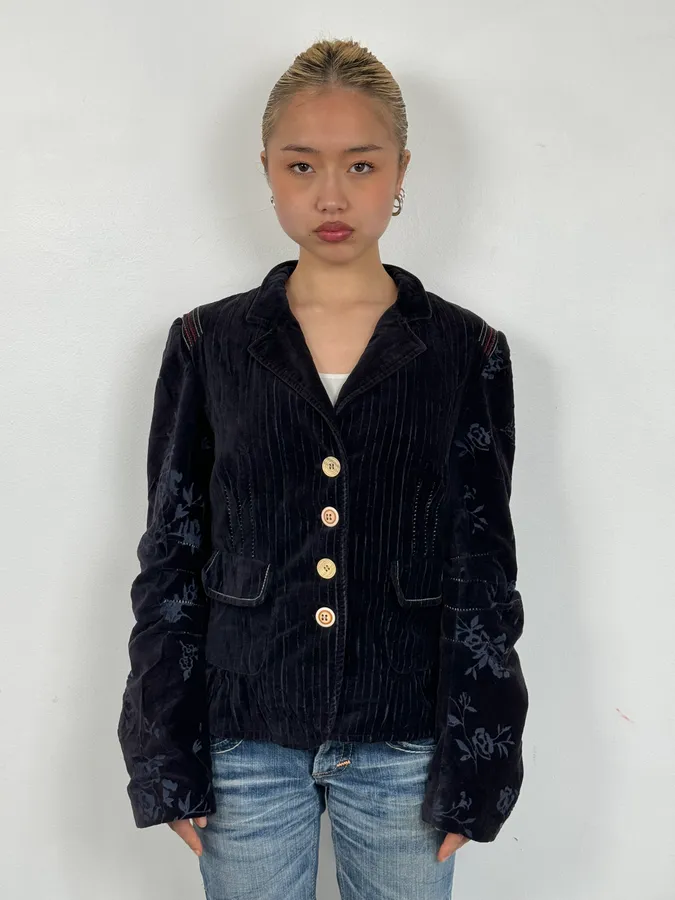2000s Marithé + François Girbaud Navy Velvet Floral Blazer Jacket - Image 2