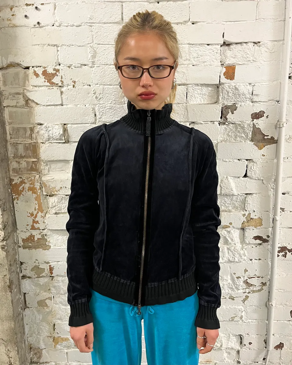 2000s Marithé + François Girbaud Navy Velvet Zip Up Sweater - Image 2