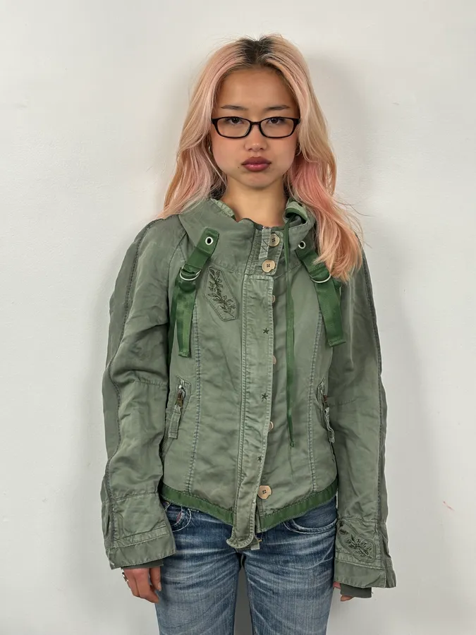 2000s Marithé + François Girbaud Olive Flowers Bondage Jacket - Image 2