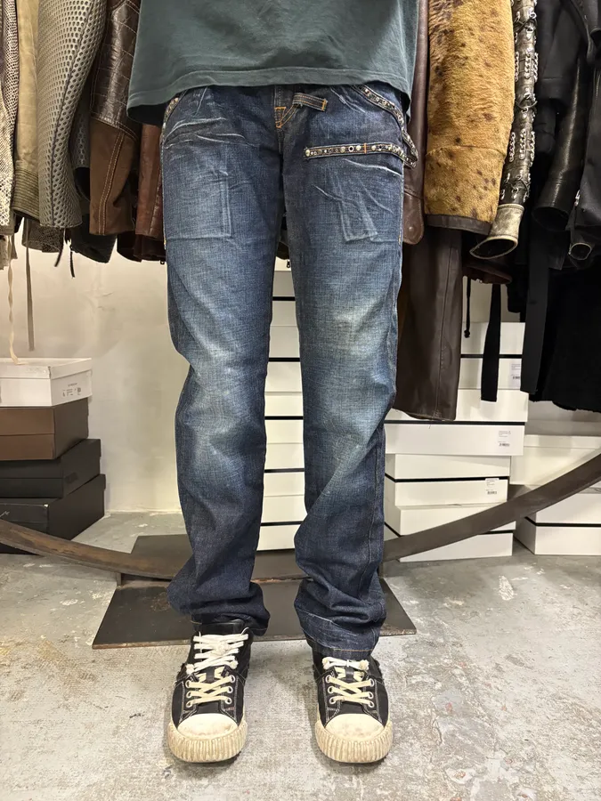 2000s Marithé + François Girbaud Stars Straps Army Blue Denim Jeans - Image 2